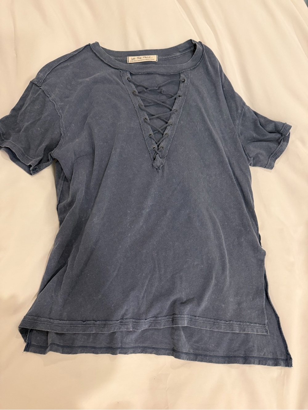 We The Free Navy Lace-Up Short Sleeve Tee